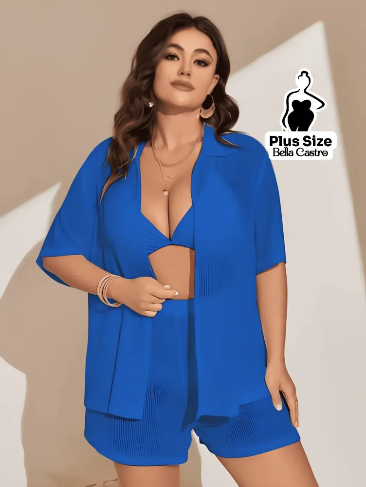 Conjunto de Biquíni com Camisa e Shorts Leves Plus Size Conjunto de Biquíni com Camisa e Shorts Leves Plus Size