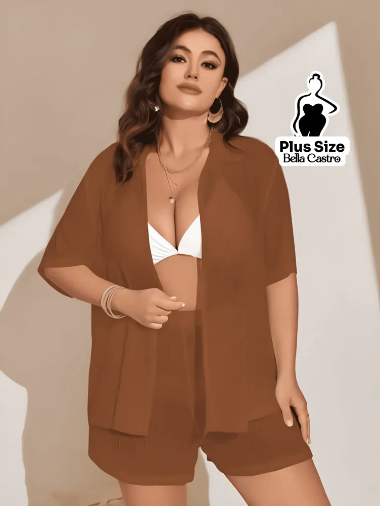 Conjunto de Biquíni com Camisa e Shorts Leves Plus Size Conjunto de Biquíni com Camisa e Shorts Leves Plus Size