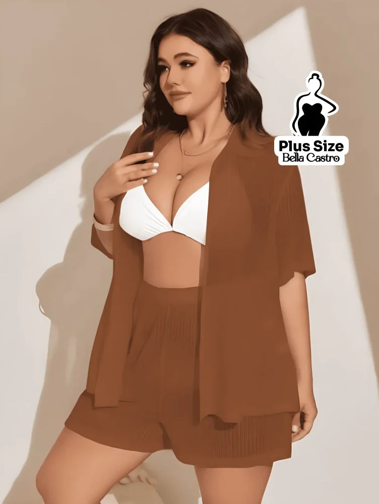 Conjunto de Biquíni com Camisa e Shorts Leves Plus Size Conjunto de Biquíni com Camisa e Shorts Leves Plus Size
