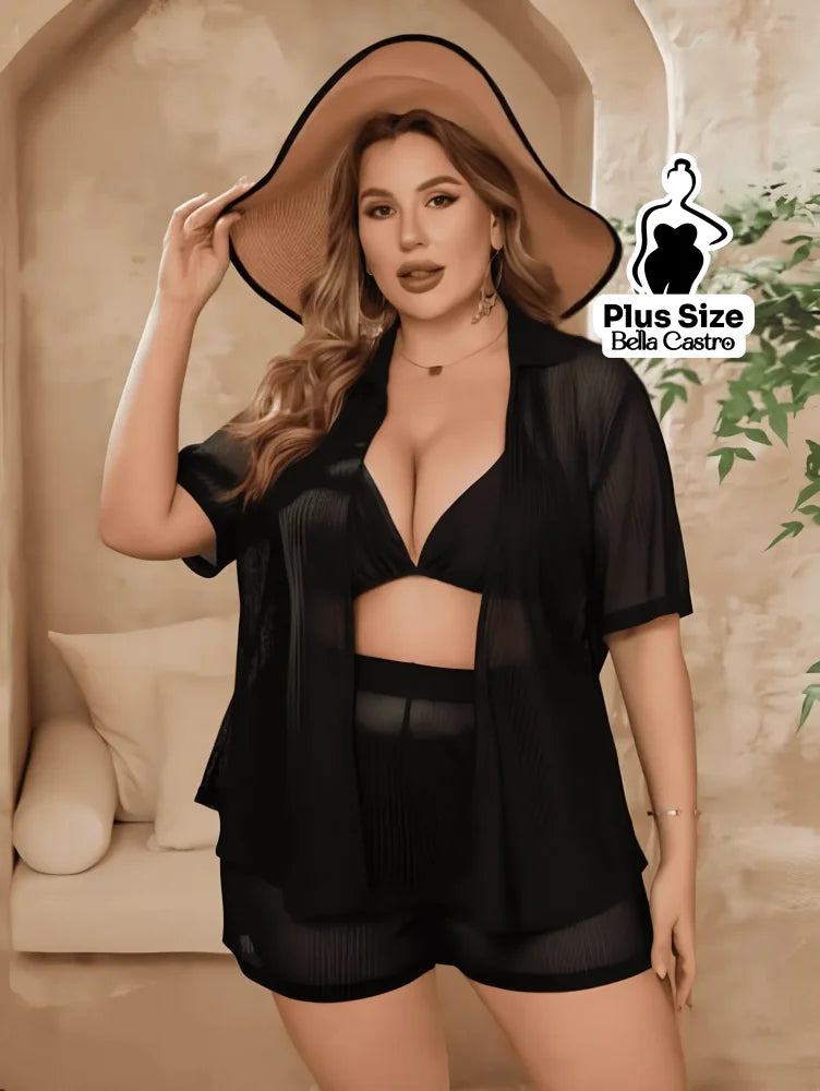 Conjunto de Biquíni com Camisa e Shorts Leves Plus Size Conjunto de Biquíni com Camisa e Shorts Leves Plus Size