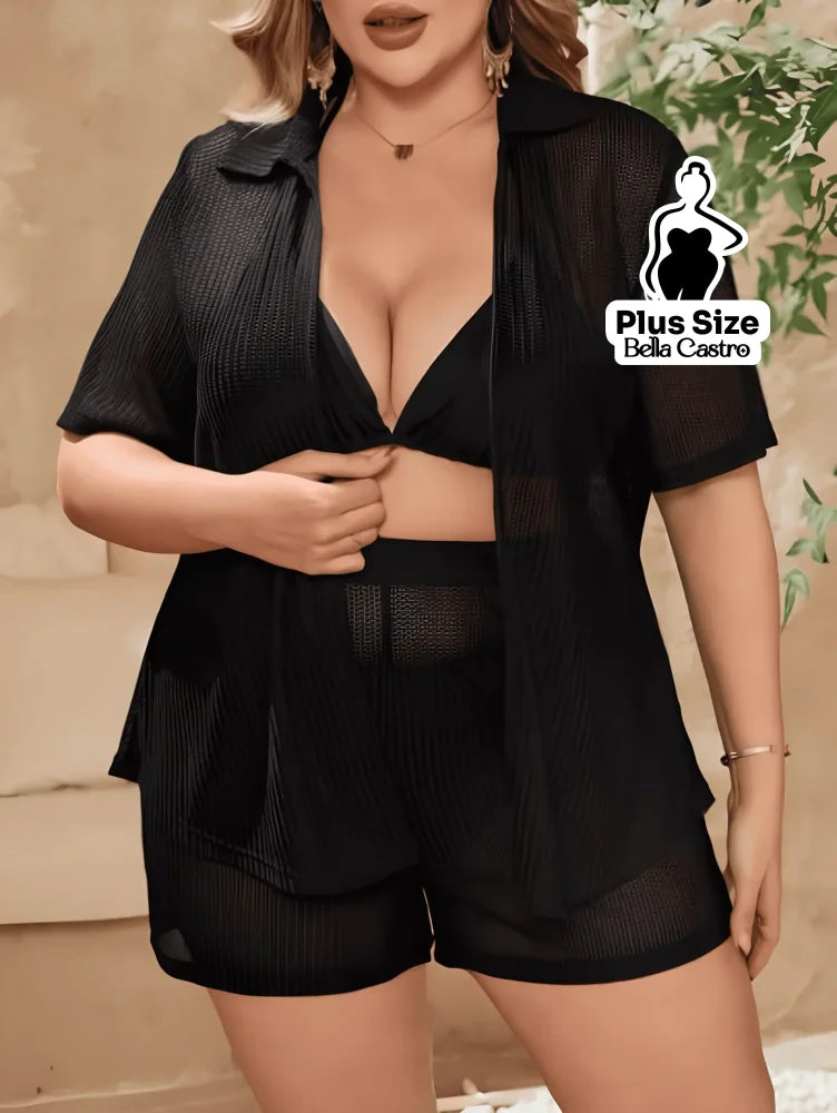 Conjunto de Biquíni com Camisa e Shorts Leves Plus Size Conjunto de Biquíni com Camisa e Shorts Leves Plus Size
