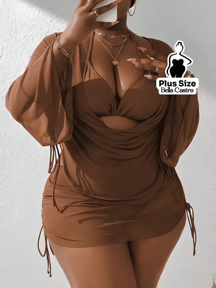 Conjunto de Biquíni com Saída de Praia Plus Size Marrom / G Conjunto de Biquíni com Saída de Praia Plus Size