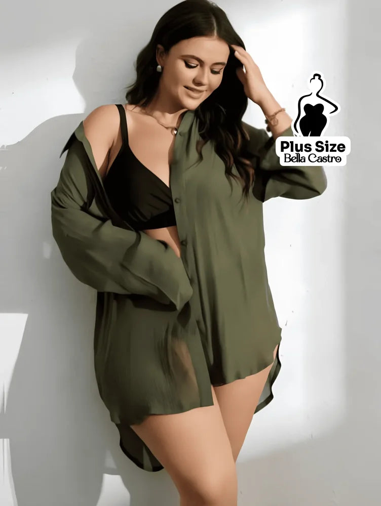 Saída de Praia em Modelo Camisa com Botões Plus Size Saída de Praia em Modelo Camisa com Botões Plus Size