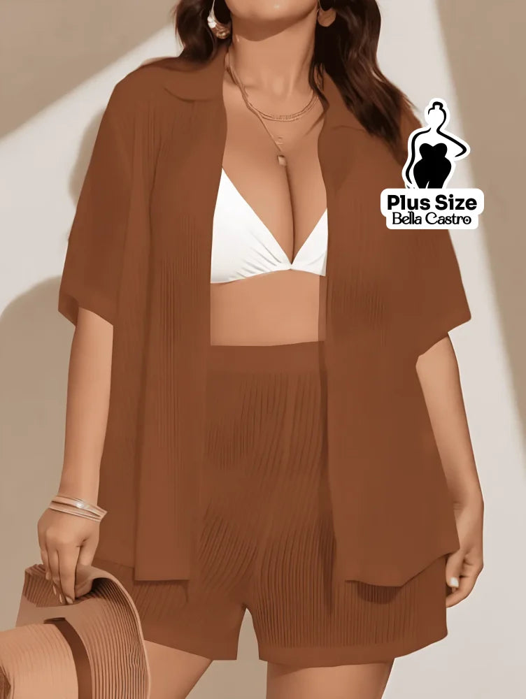 Conjunto de Biquíni com Camisa e Shorts Leves Plus Size Castanho / G Conjunto de Biquíni com Camisa e Shorts Leves Plus