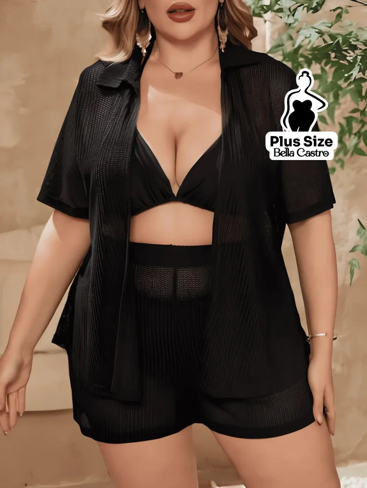 Conjunto de Biquíni com Camisa e Shorts Leves Plus Size Preto / G Conjunto de Biquíni com Camisa e Shorts Leves Plus