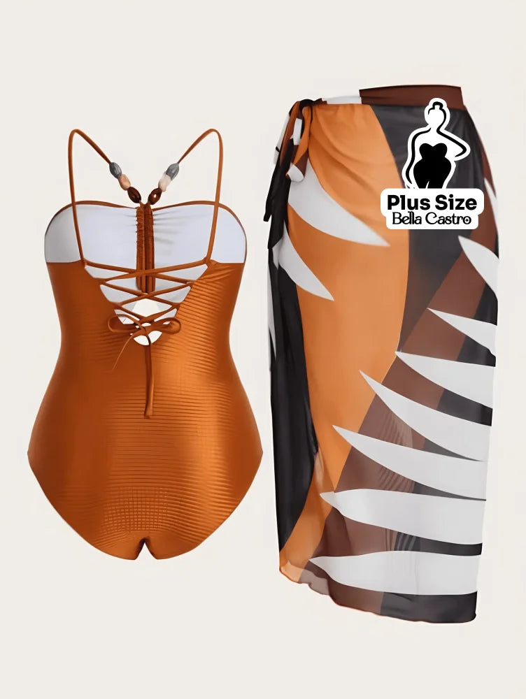 Conjunto de Maiô Elegante com Saída de Praia Plus Size Conjunto de Maiô Elegante com Saída de Praia Plus Size