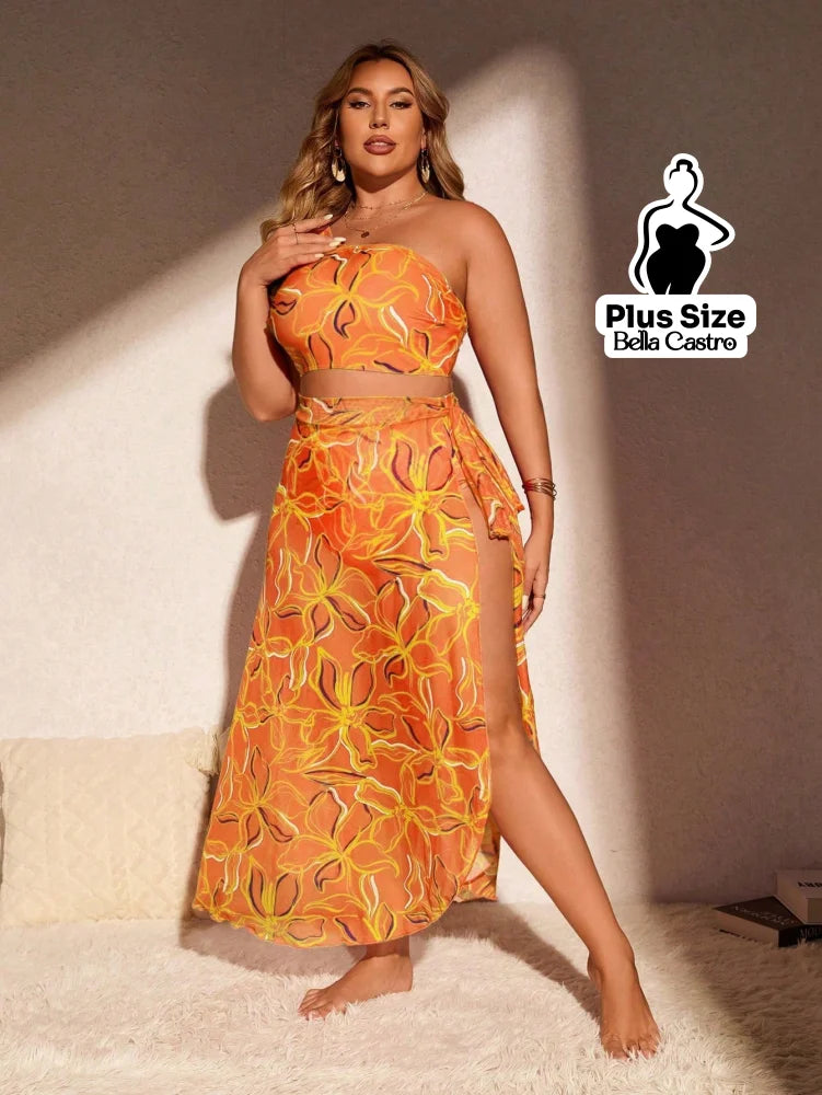 Conjunto Estampado com Cropped e Saia Longa Plus Size Laranja / G Conjunto Estampado com Cropped e Saia Longa Plus Size