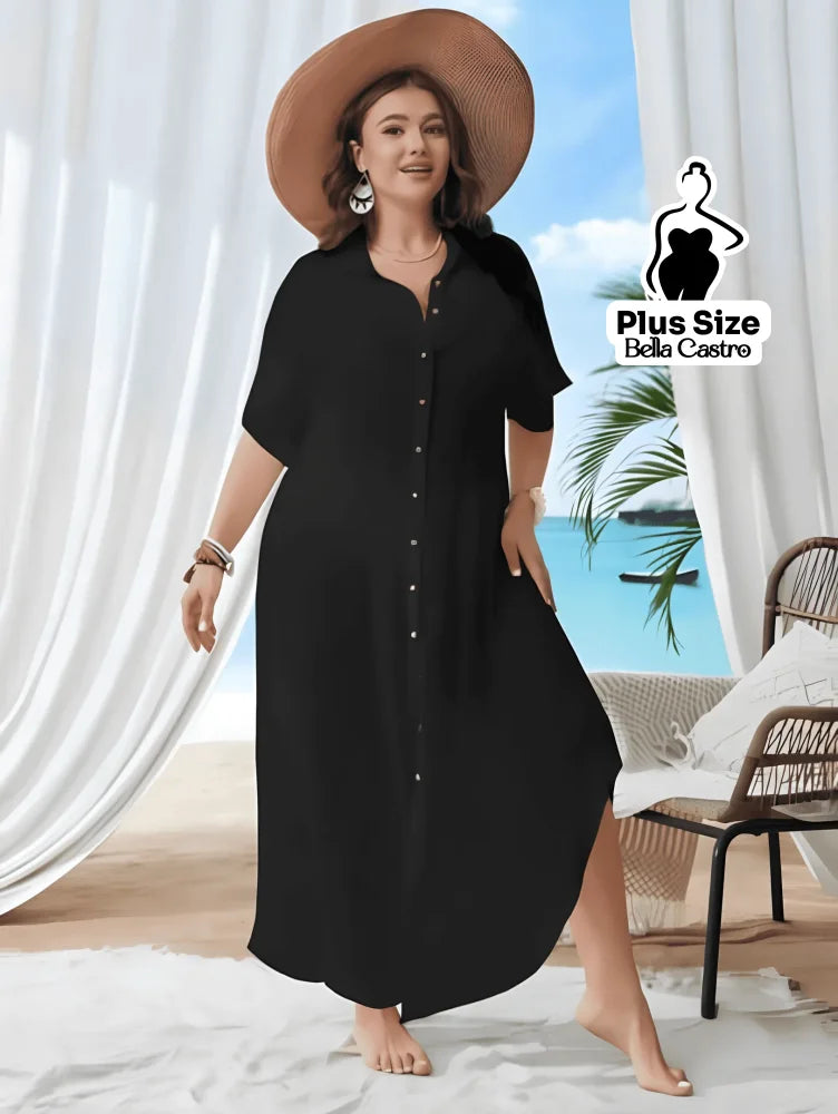 Saída de Praia com Botões Frontais Plus Size Preto / G Saída de Praia com Botões Frontais Plus Size