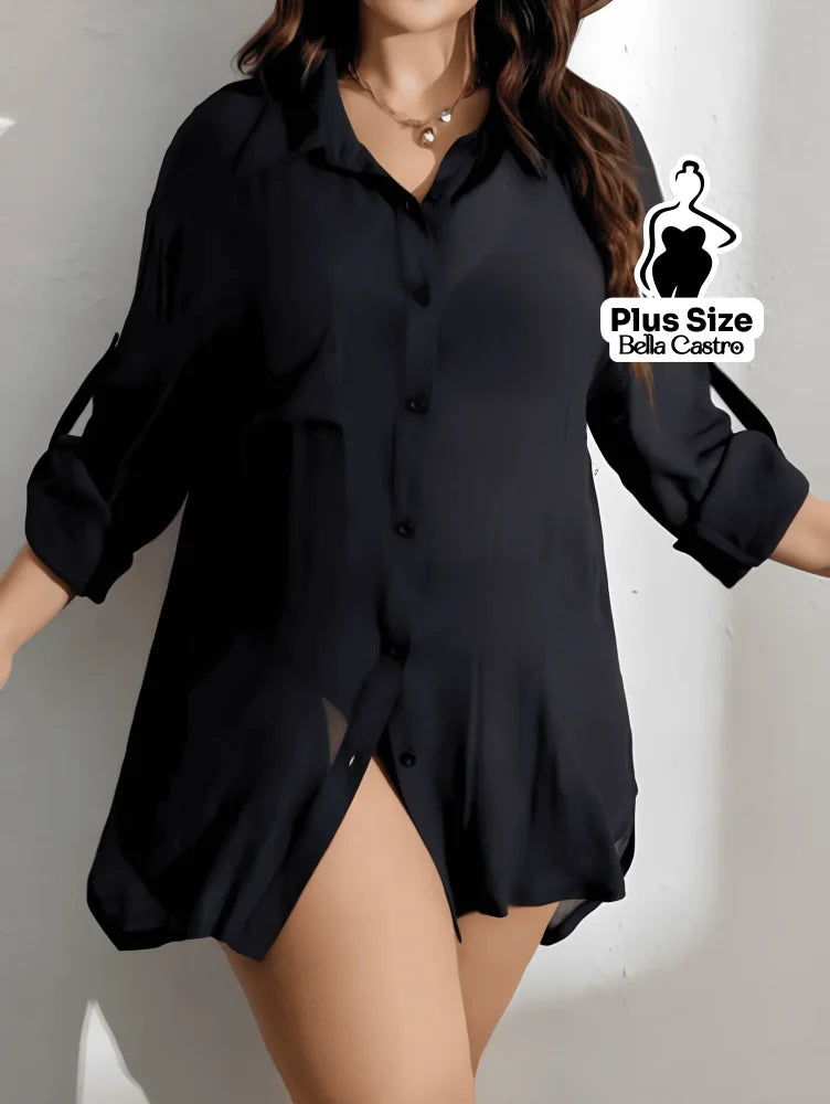 Saída de Praia em Modelo Camisa com Botões Plus Size Preto / G Saída de Praia em Modelo Camisa com Botões Plus Size