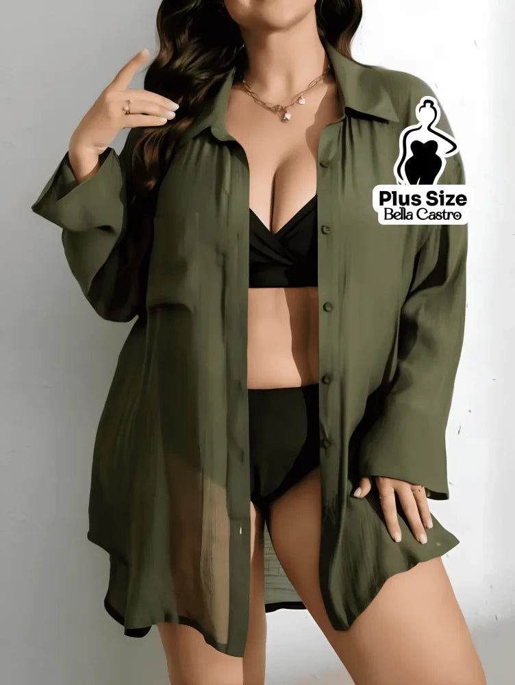 Saída de Praia em Modelo Camisa com Botões Plus Size Verde Militar / G Saída de Praia em Modelo Camisa com Botões Plus